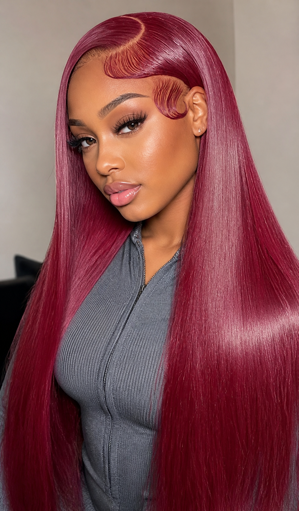 Burgundy straight human hair wig