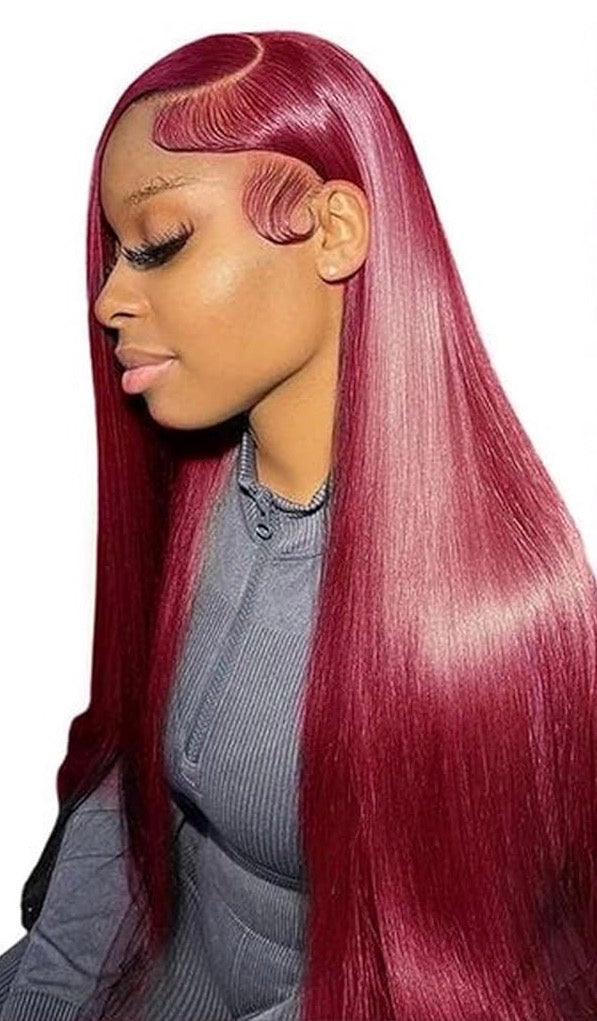 Mannequin head with long burgundy hair on a white background